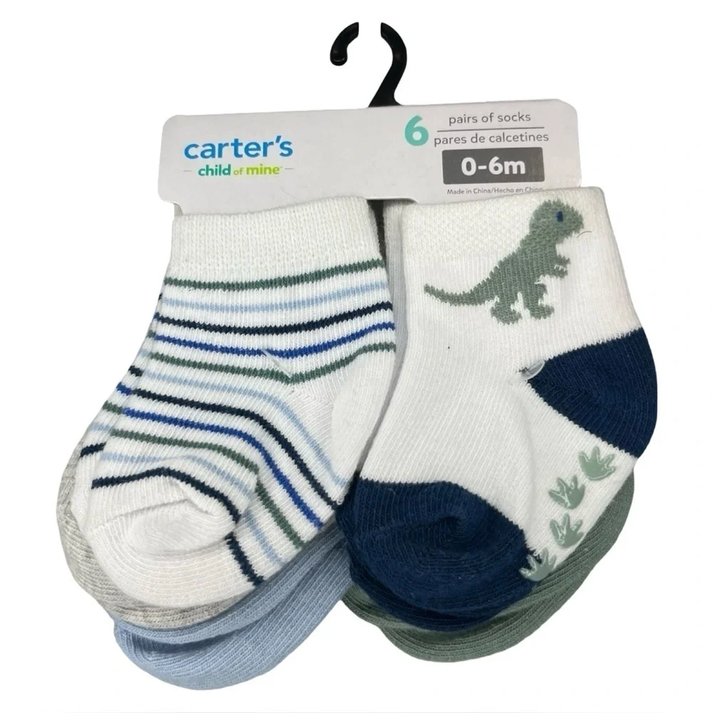 NWT Carter's Infant 6pk Socks - Stripes and Dino Design size 0-6mo